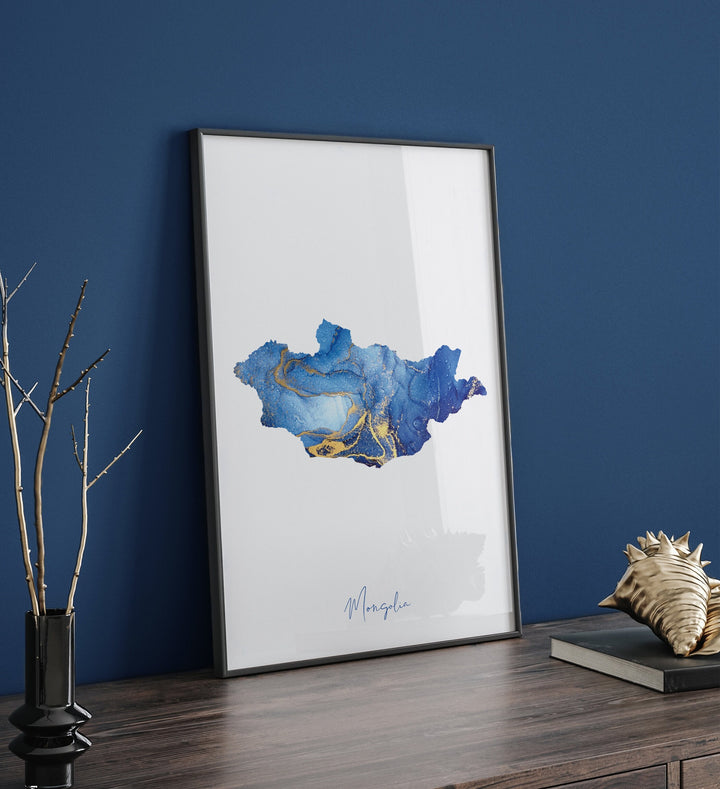 Mongolia Map Blue and Gold Wall Art Print