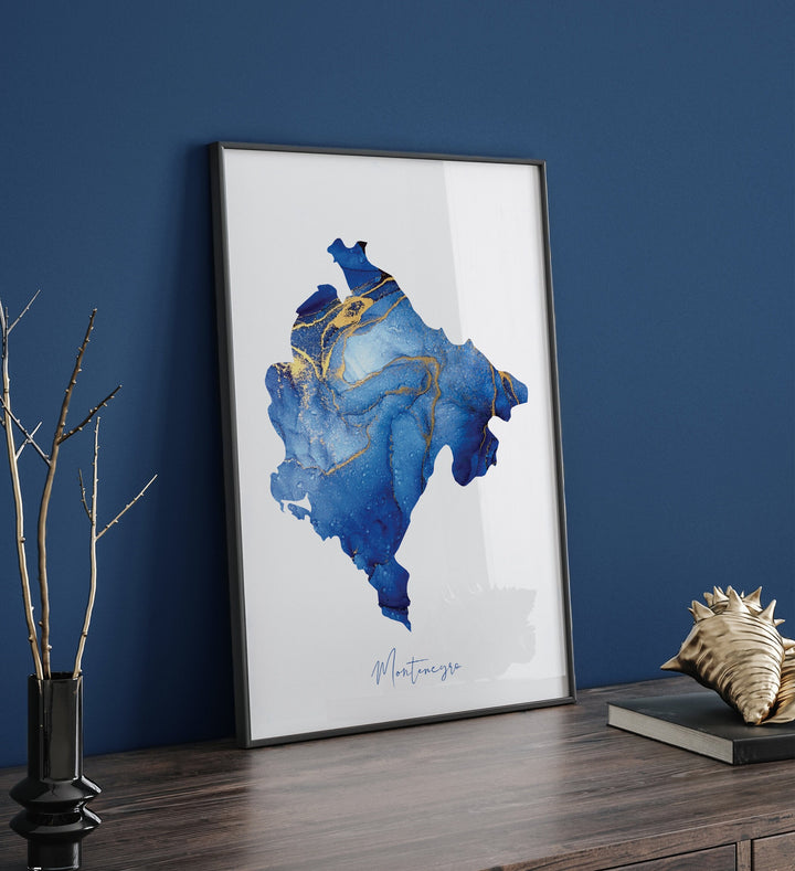 Montenegro Map Blue and Gold Wall Art Print