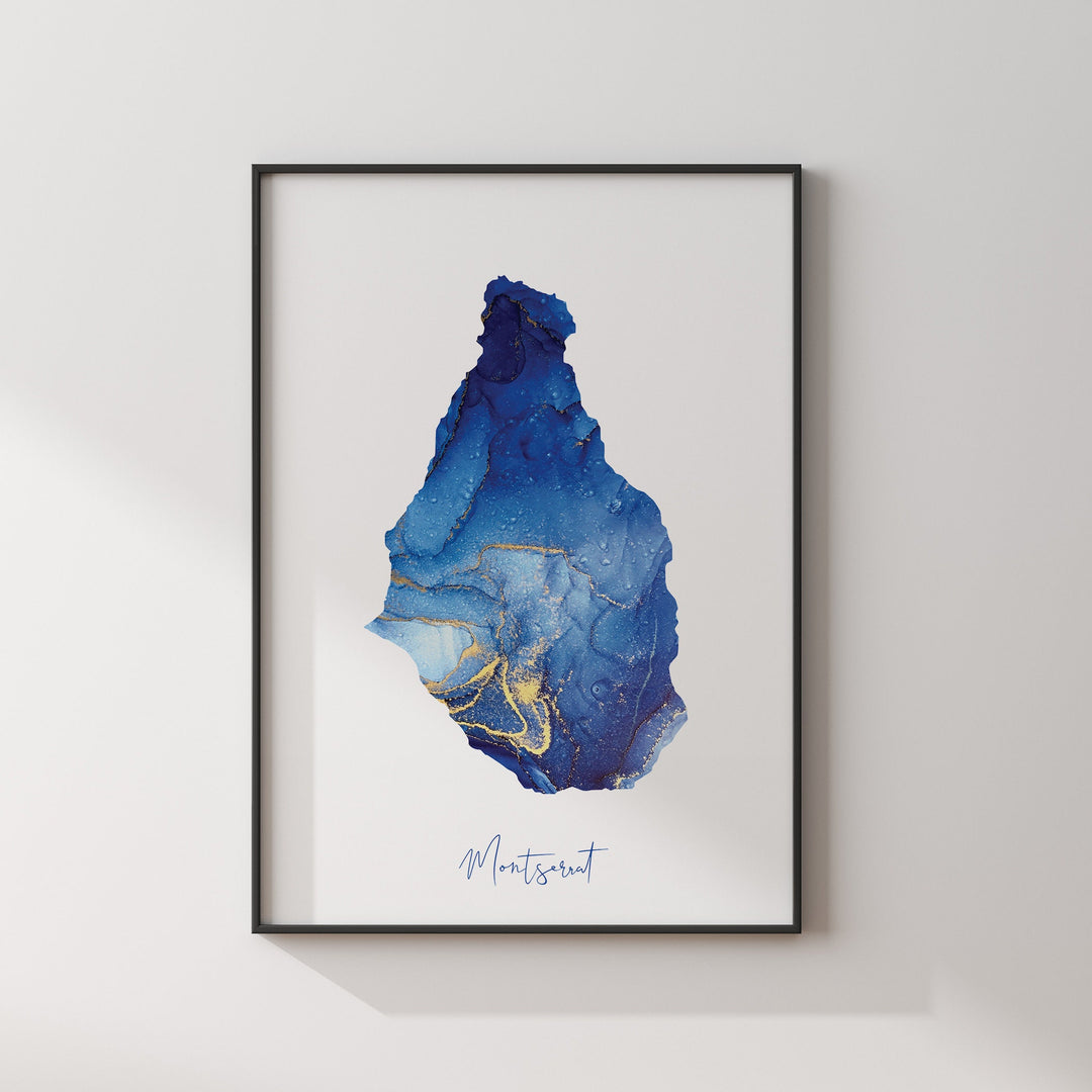 Montserrat Map Blue and Gold Wall Art Print
