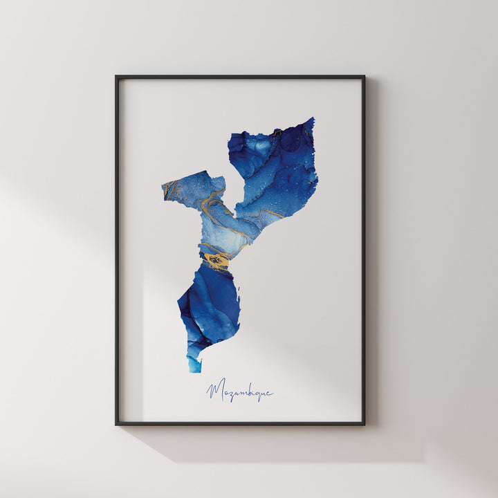 Mozambique Map Blue and Gold Wall Art Print