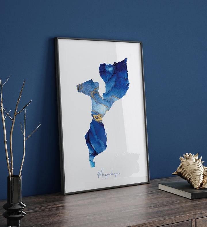 Mozambique Map Blue and Gold Wall Art Print