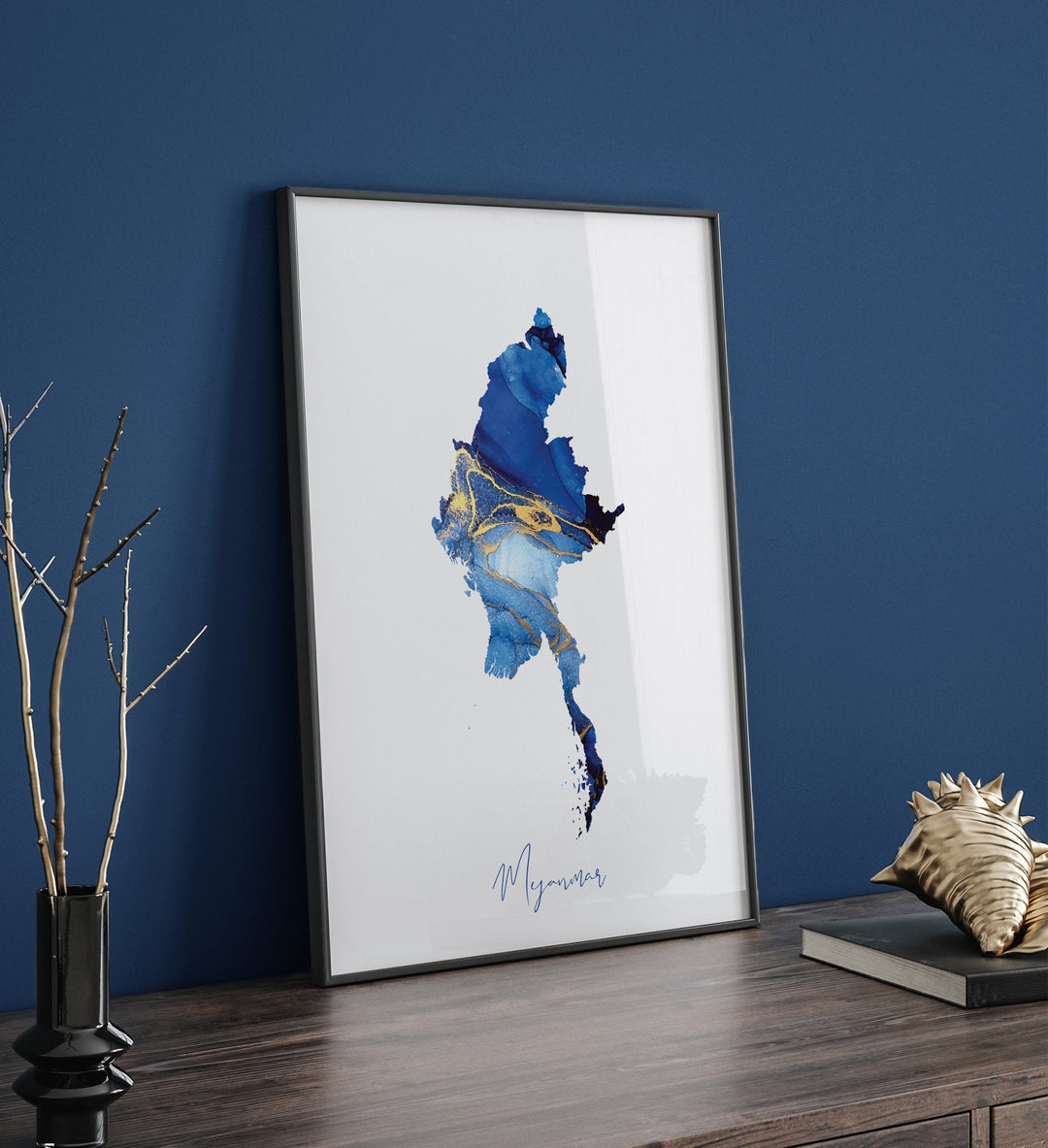 Myanmar Map Blue and Gold Wall Art Print