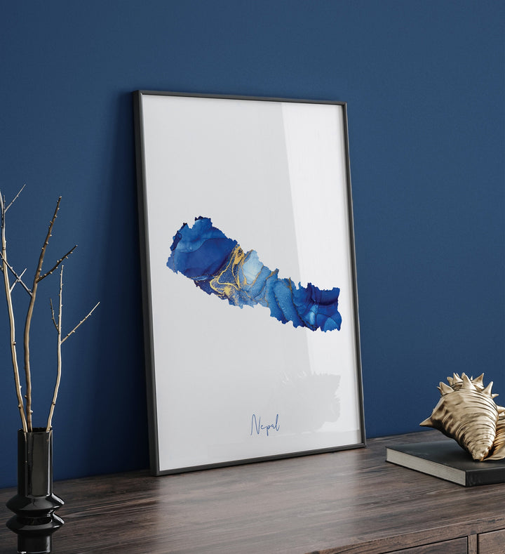 Nepal Map Blue and Gold Wall Art Print