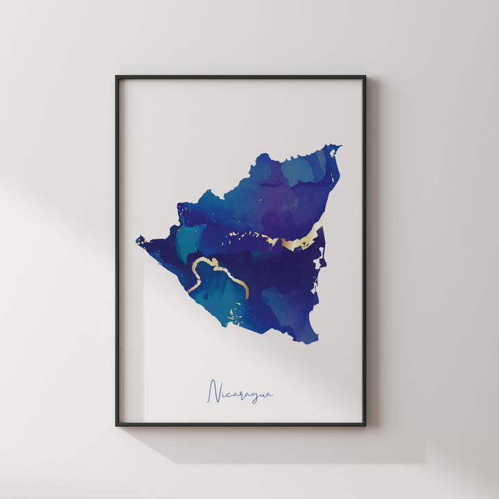 Nicaragua Map Blue and Gold Wall Art Print