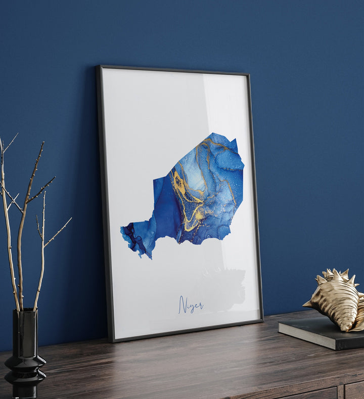 Niger Map Blue and Gold Wall Art Print