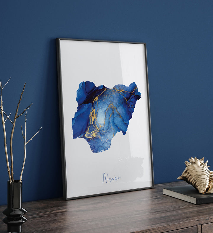 Nigeria Map Blue and Gold Wall Art Print