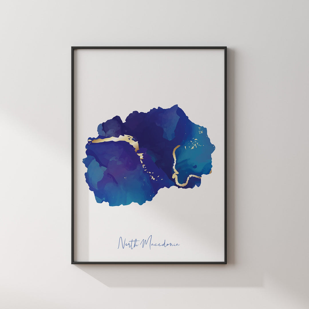North Macedonia Map Blue and Gold Wall Art Print