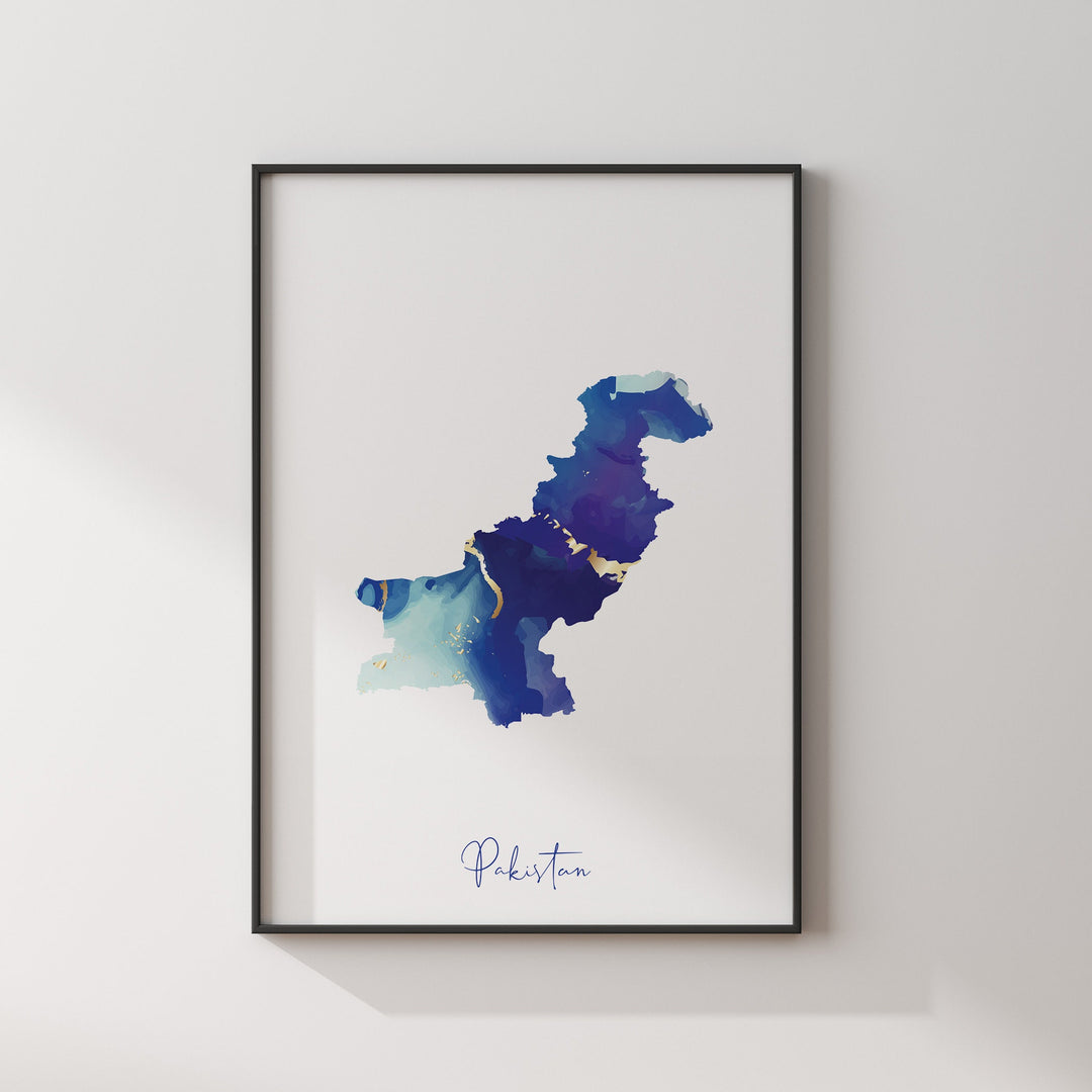 Pakistan Map Blue and Gold Wall Art Print