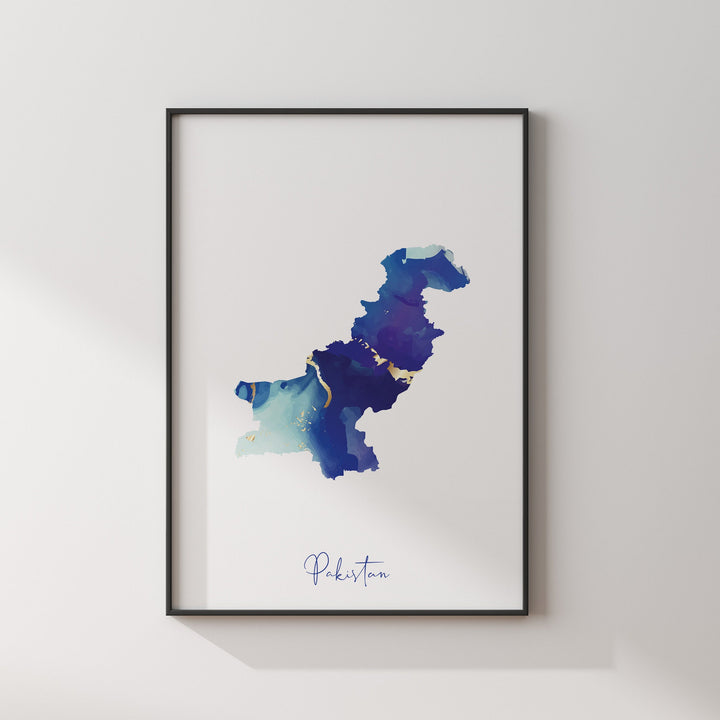 Pakistan Map Blue and Gold Wall Art Print