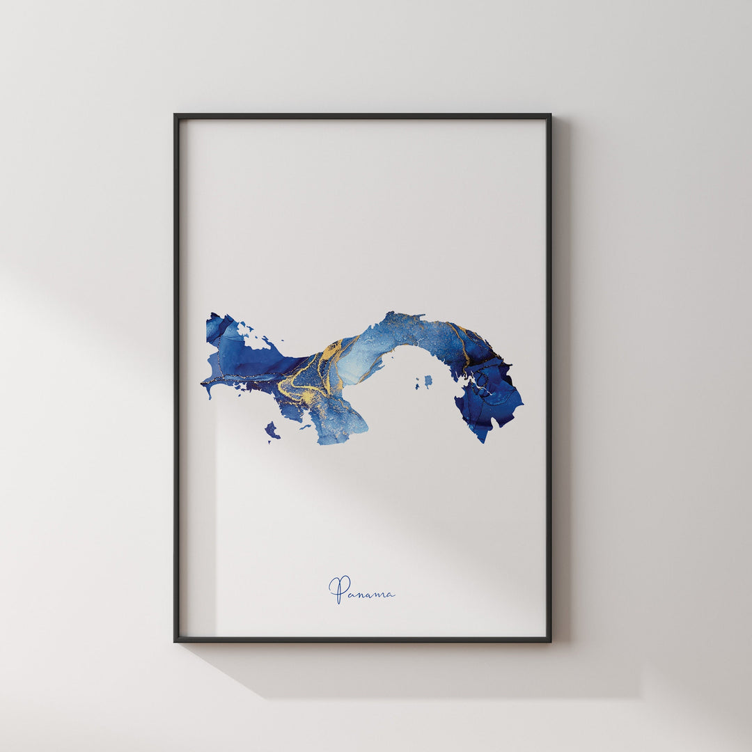 Panama Map Blue and Gold Wall Art Print