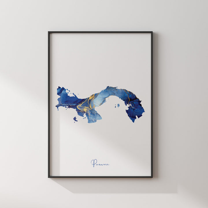 Panama Map Blue and Gold Wall Art Print