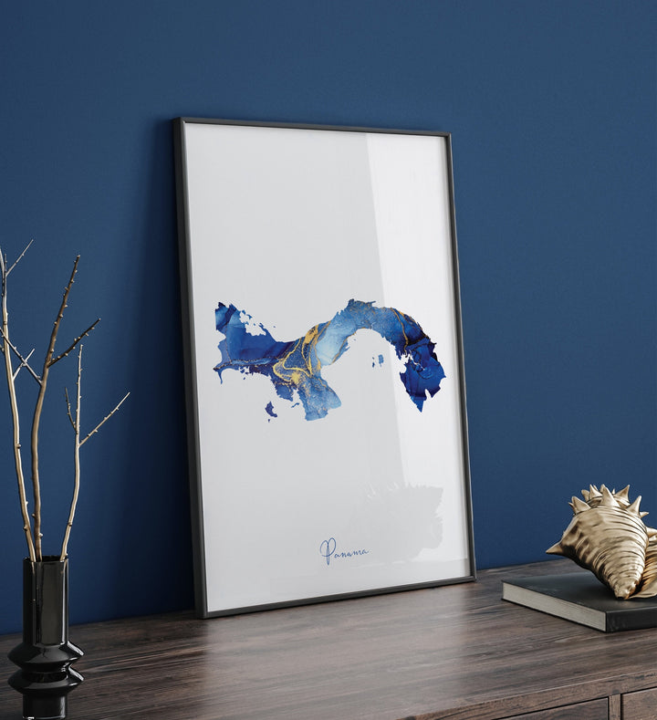 Panama Map Blue and Gold Wall Art Print