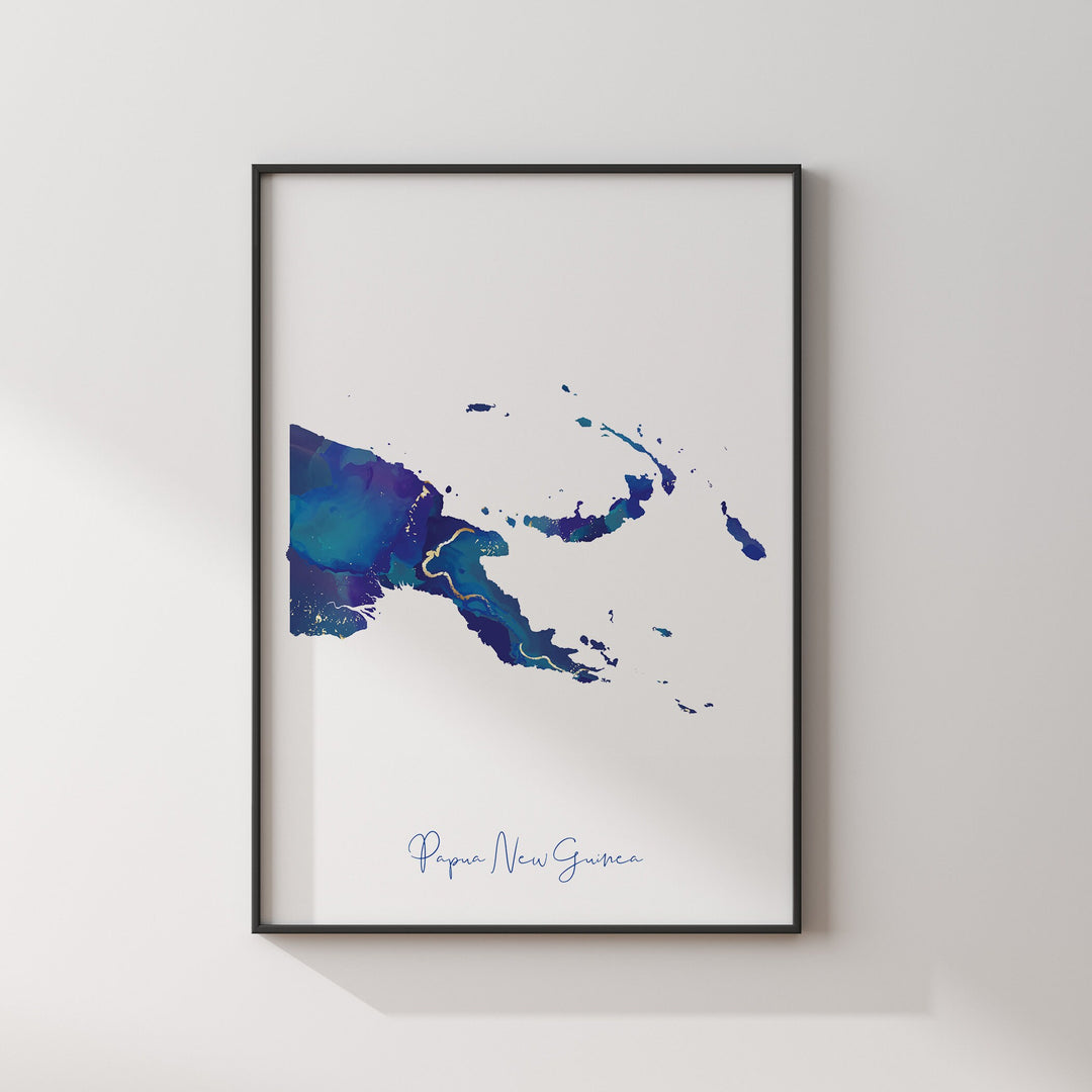 Papua New Guinea Map Blue and Gold Wall Art Print