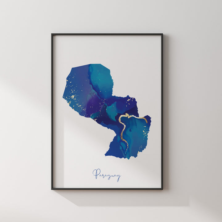 Paraguay Map Blue and Gold Wall Art Print
