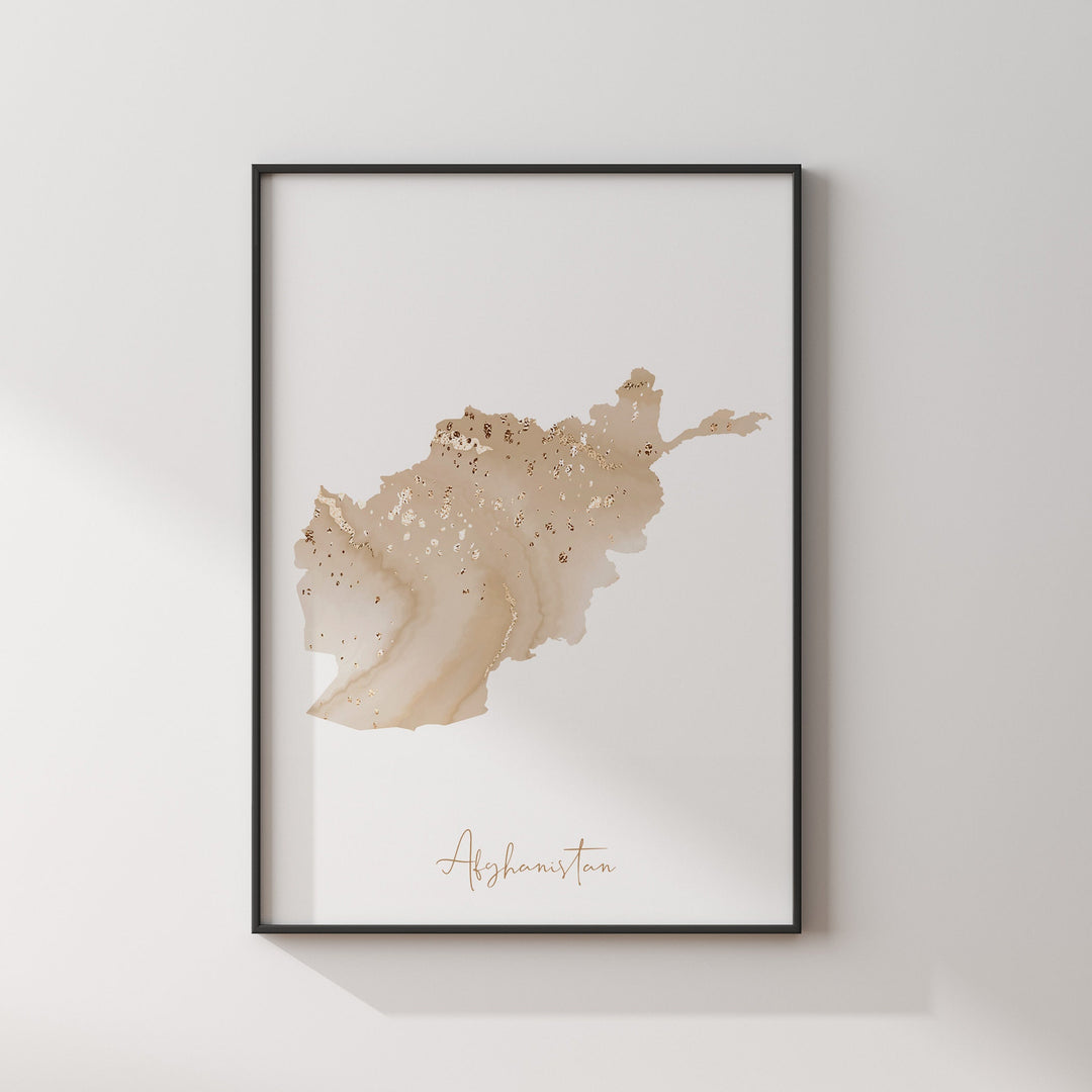 Afghanistan Map Beige & Gold Wall Art Print