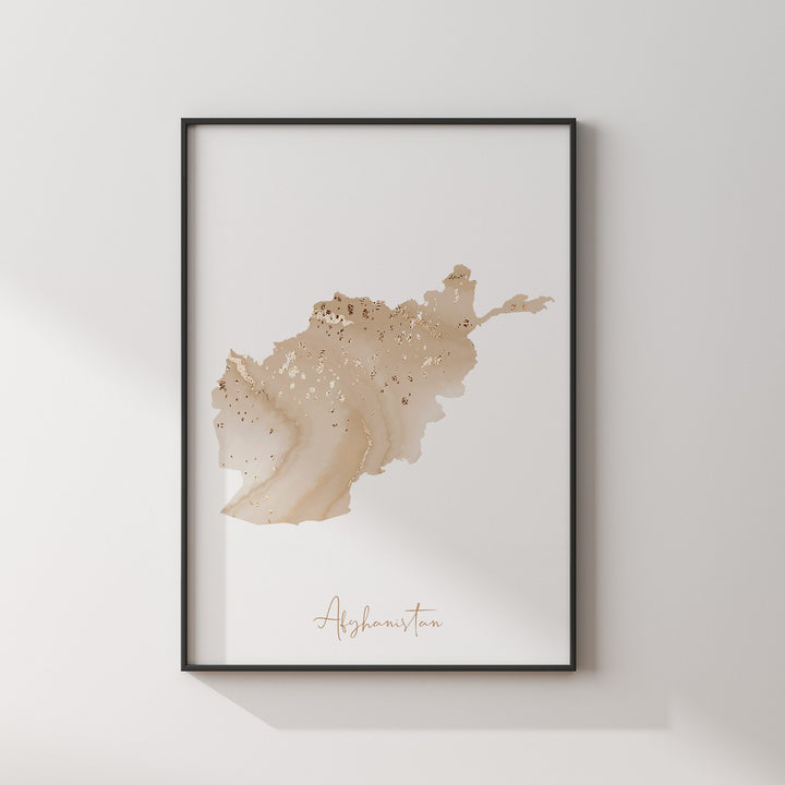 Afghanistan Map Beige & Gold Wall Art Print