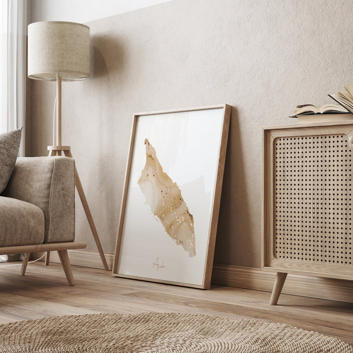Aruba Map Beige & Gold Wall Art Print