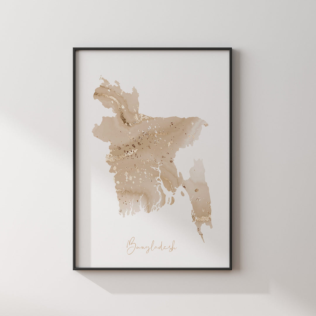 Bangladesh Map Beige & Gold Wall Art Print