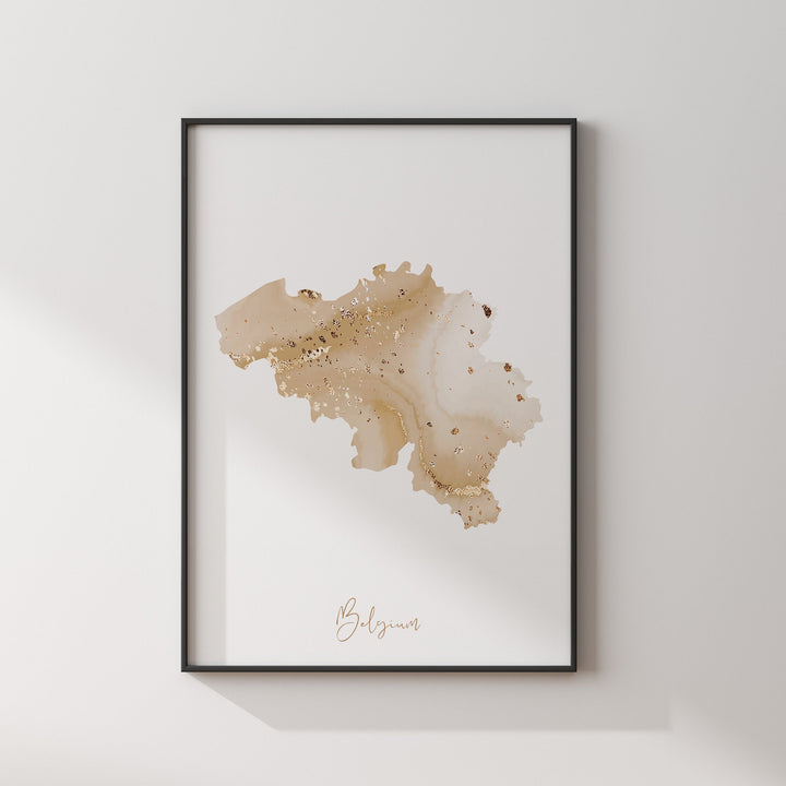 Belgium Map Beige & Gold Wall Art Print