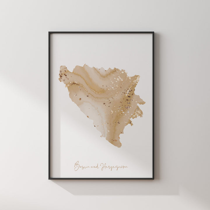 Bosnia and Herzegovina Map Beige & Gold Wall Art Print