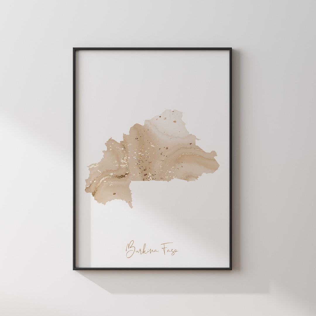 Burkina Faso Map Beige & Gold Wall Art Print