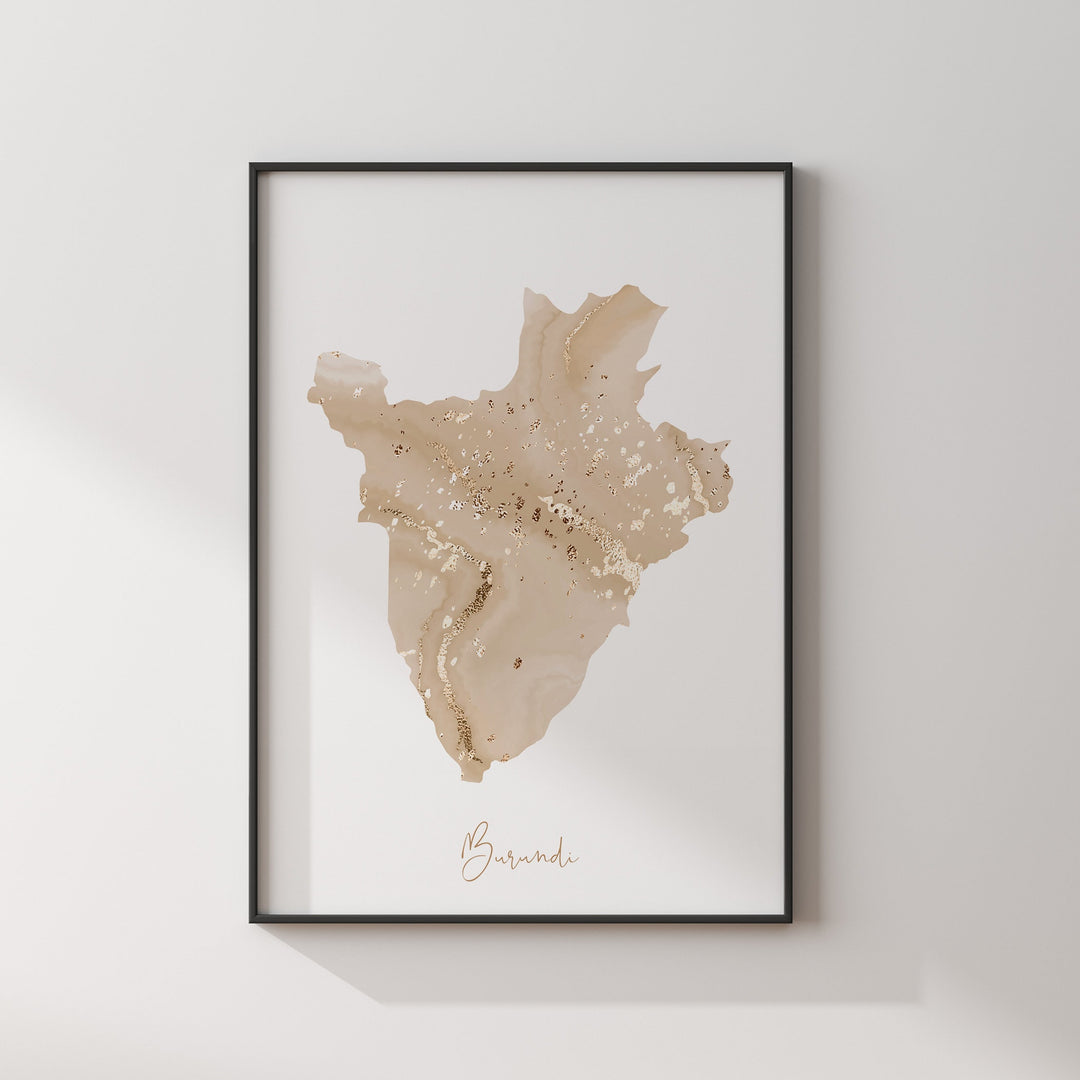 Burundi Map Beige & Gold Wall Art Print