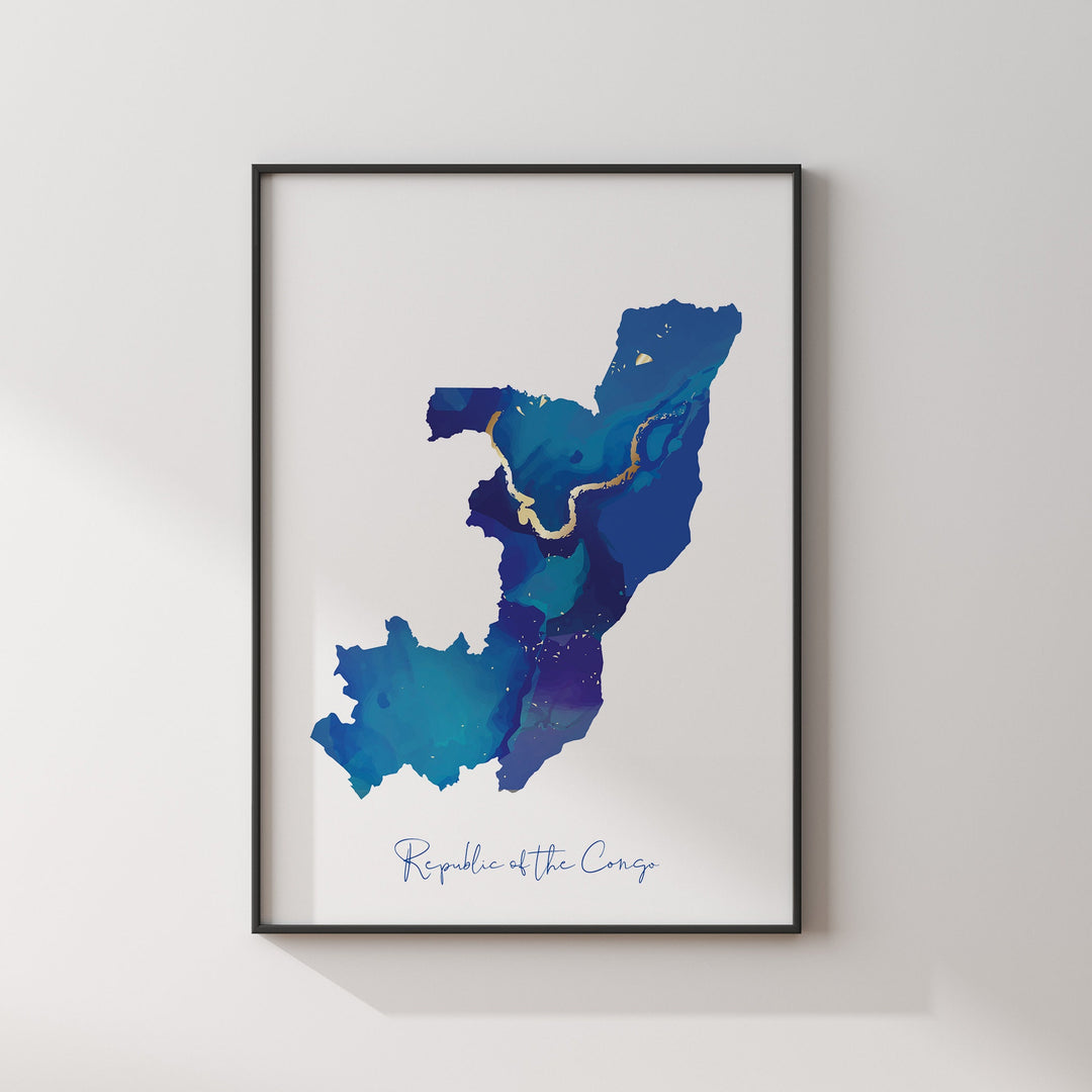 Republic of the Congo Map Blue and Gold Wall Art Print