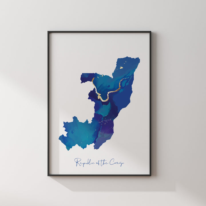 Republic of the Congo Map Blue and Gold Wall Art Print