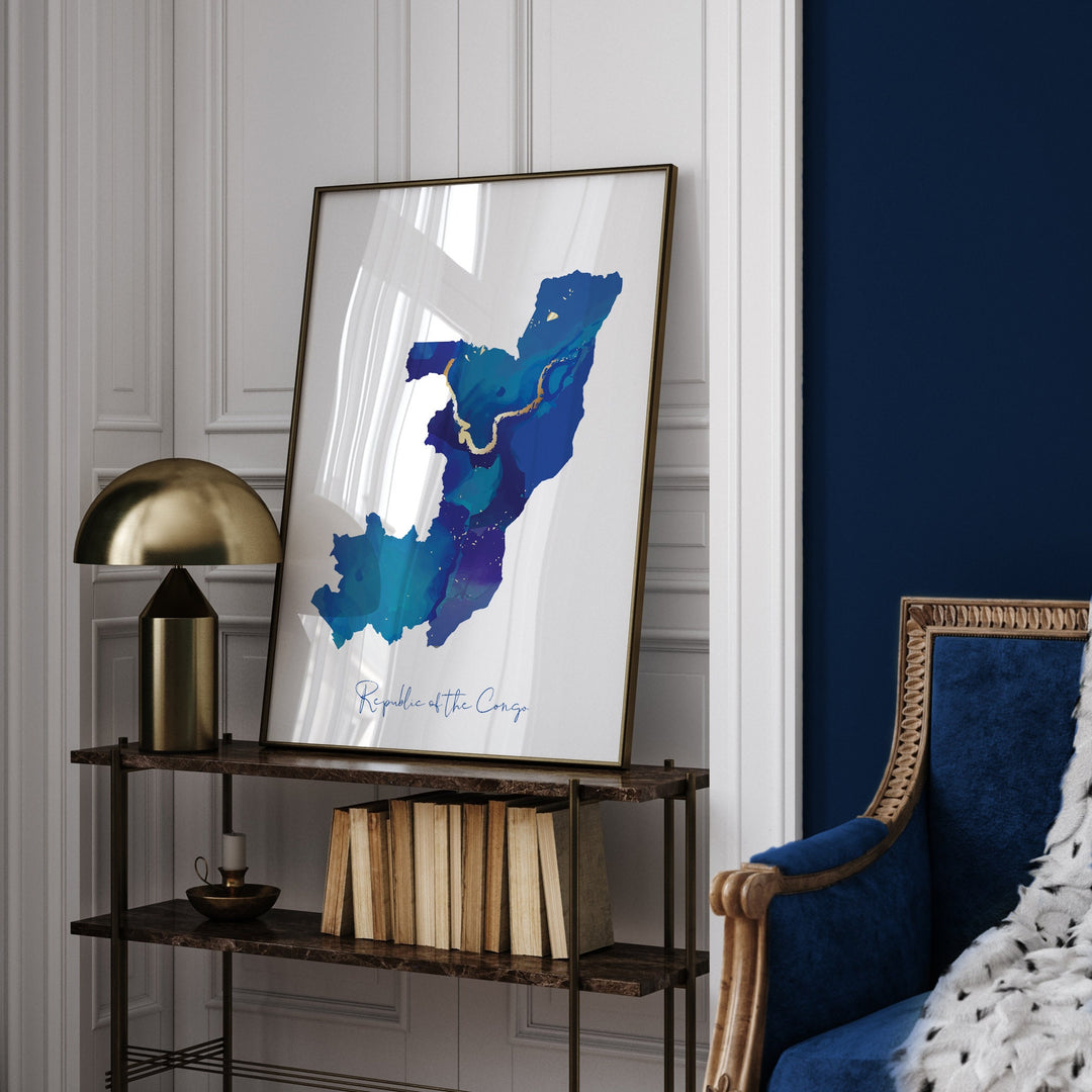 Republic of the Congo Map Blue and Gold Wall Art Print