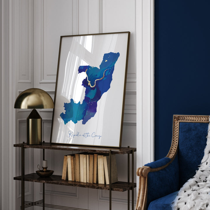 Republic of the Congo Map Blue and Gold Wall Art Print