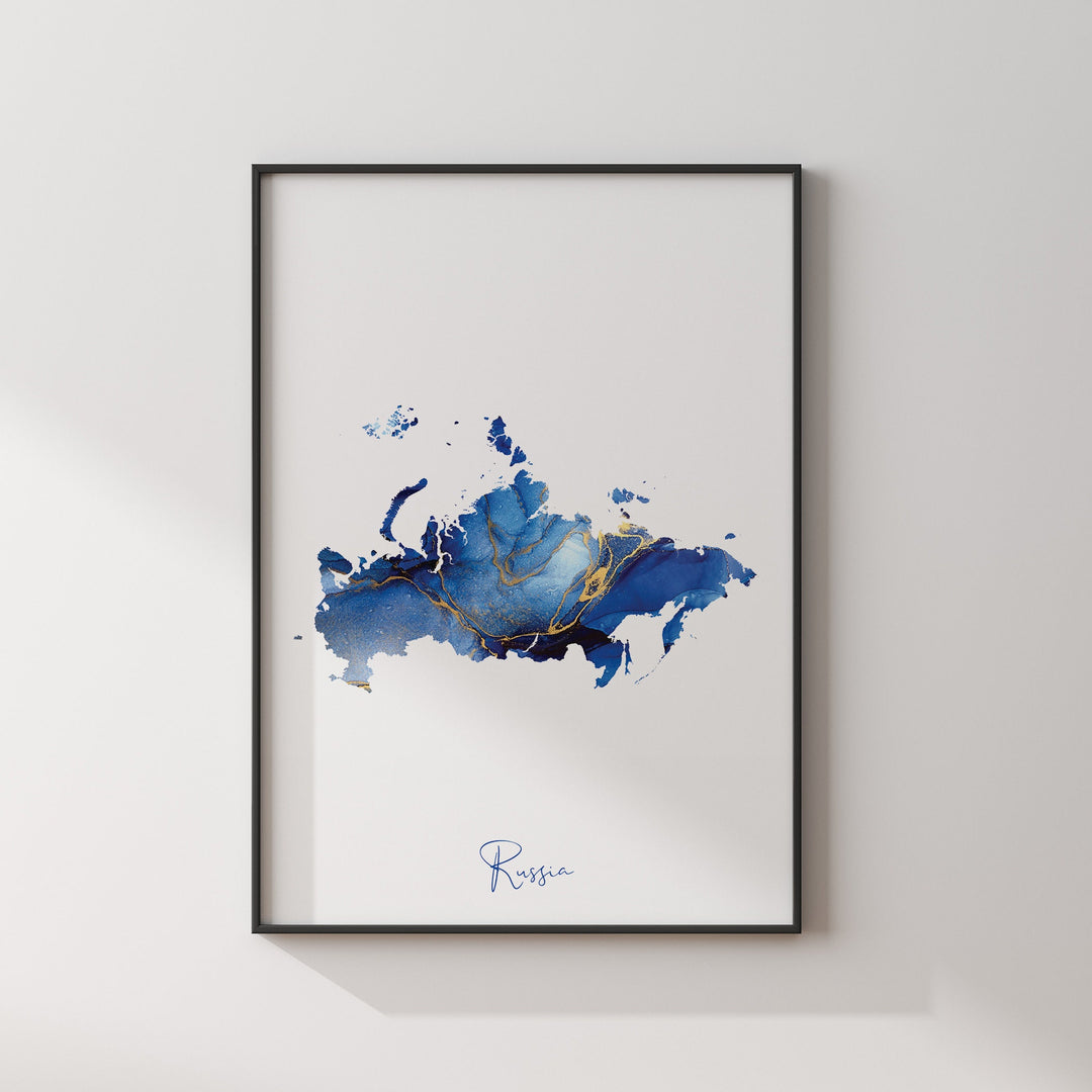 Russia Map Blue and Gold Wall Art Print