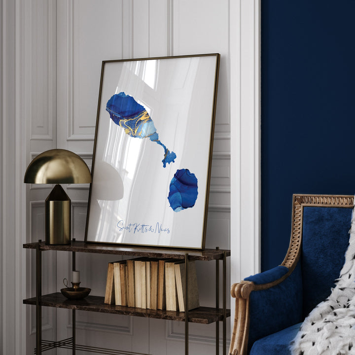 Saint Kitts & Nevis Map Blue and Gold Wall Art Print
