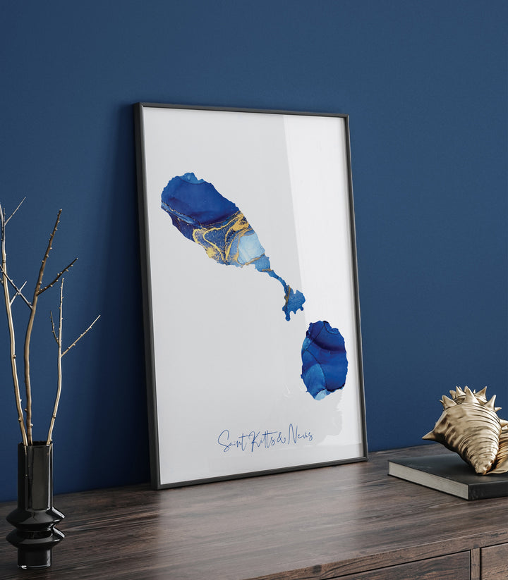 Saint Kitts & Nevis Map Blue and Gold Wall Art Print