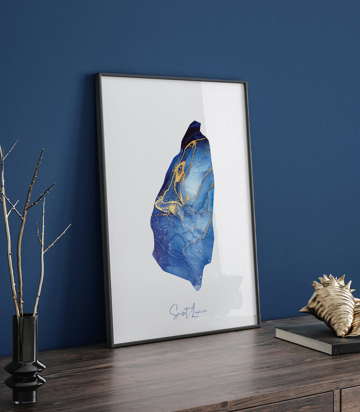 Saint Lucia Map Blue and Gold Wall Art Print
