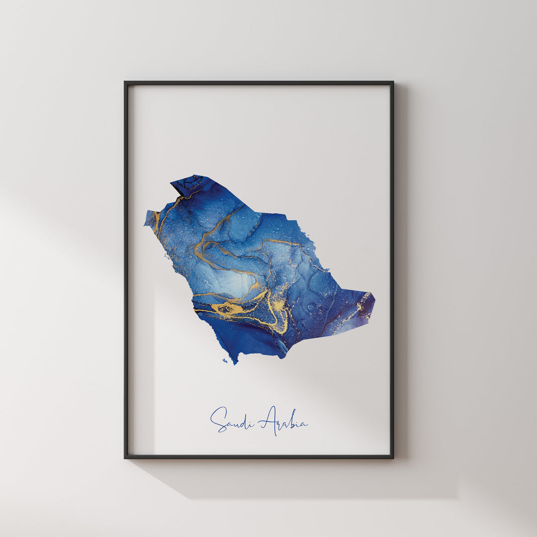 Saudi Arabia Map Blue and Gold Wall Art Print