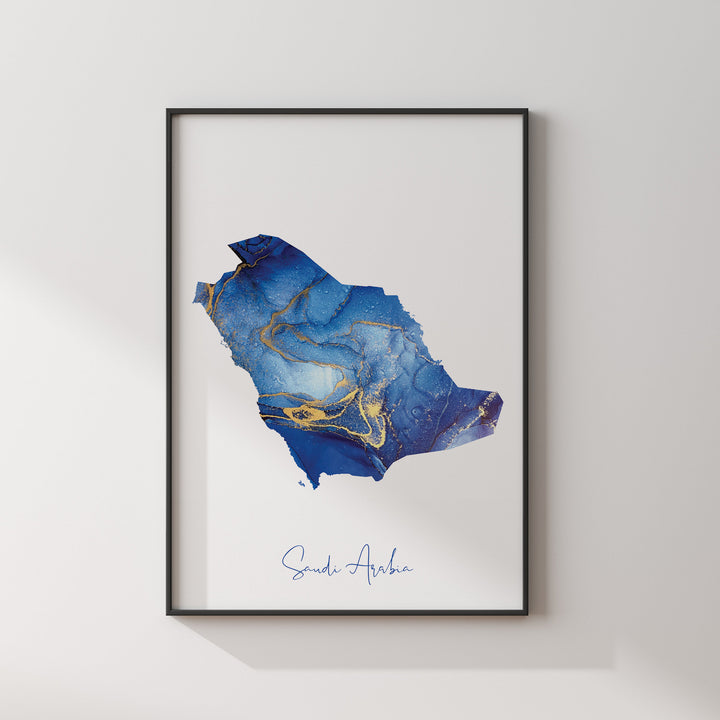 Saudi Arabia Map Blue and Gold Wall Art Print