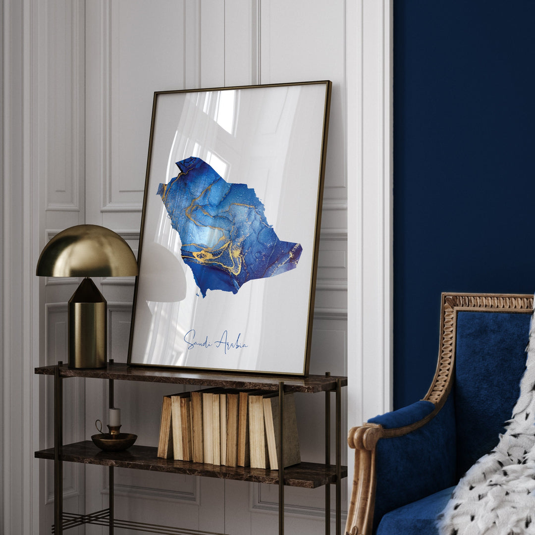 Saudi Arabia Map Blue and Gold Wall Art Print