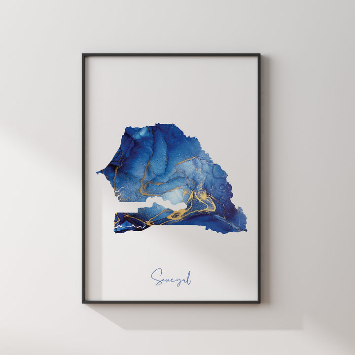 Senegal Map Blue and Gold Wall Art Print
