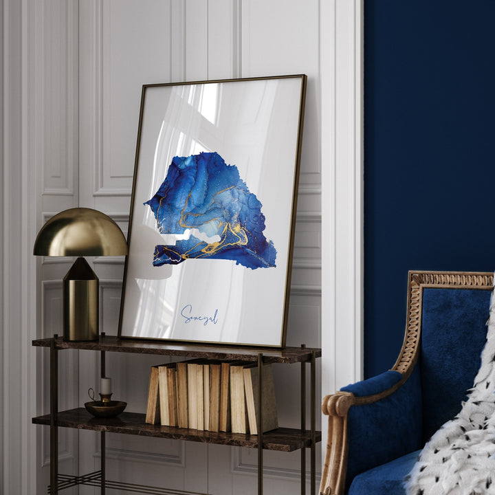 Senegal Map Blue and Gold Wall Art Print