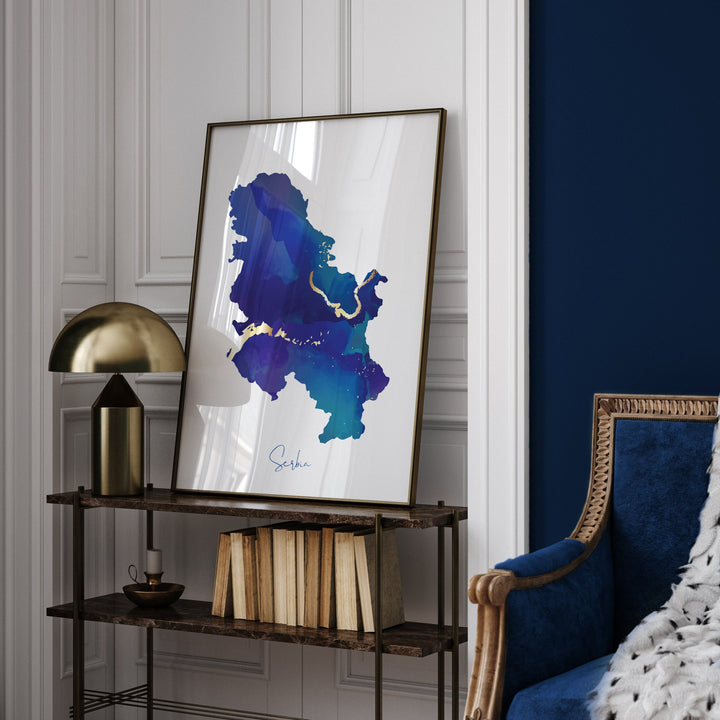 Serbia Map Blue and Gold Wall Art Print