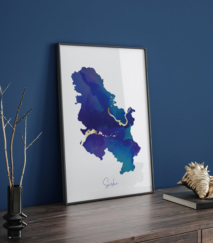 Serbia Map Blue and Gold Wall Art Print