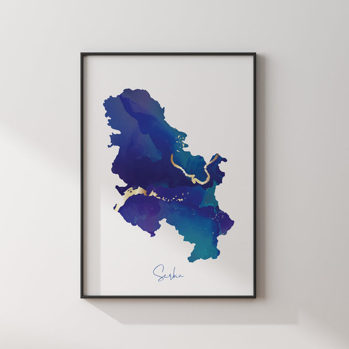Serbia Map Blue and Gold Wall Art Print