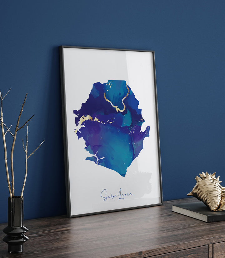 Sierra Leone Map Blue and Gold Wall Art Print
