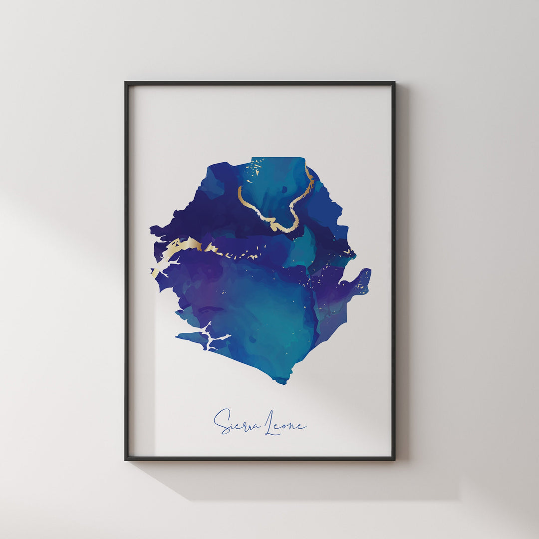 Sierra Leone Map Blue and Gold Wall Art Print