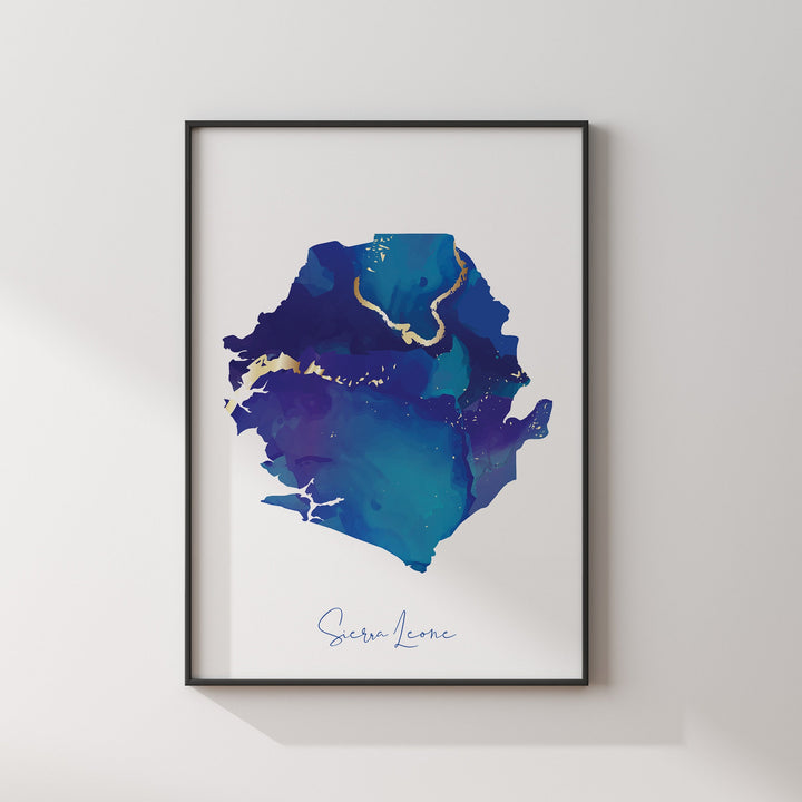 Sierra Leone Map Blue and Gold Wall Art Print