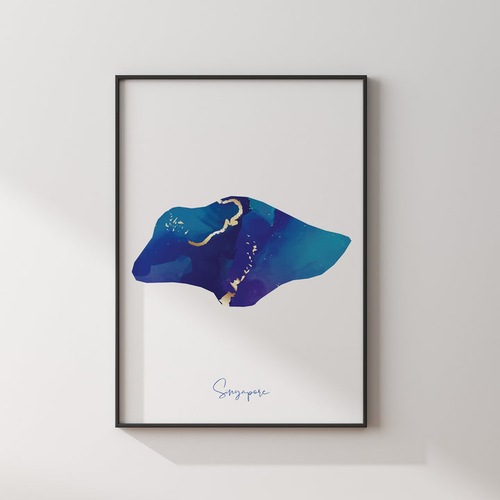 Singapore Map Blue and Gold Wall Art Print