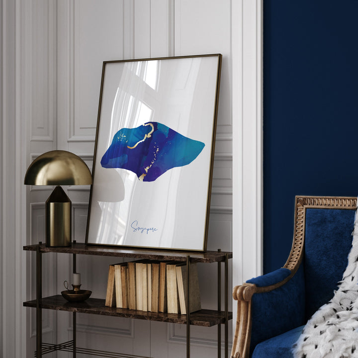 Singapore Map Blue and Gold Wall Art Print