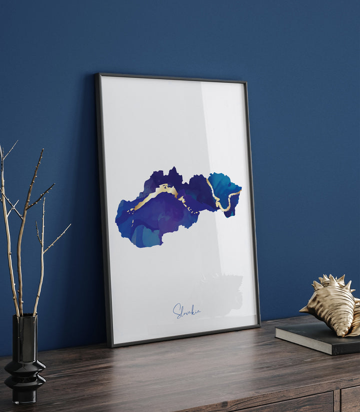 Slovakia Map Blue and Gold Wall Art Print