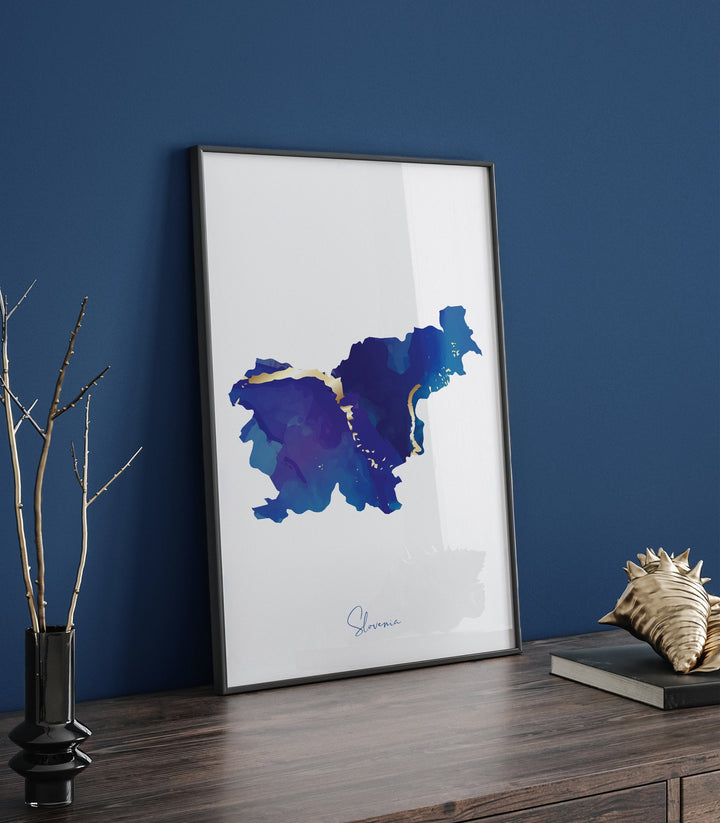 Slovenia Map Blue and Gold Wall Art Print