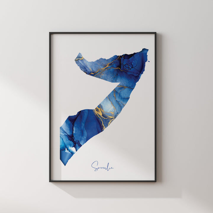 Somalia Map Blue and Gold Wall Art Print